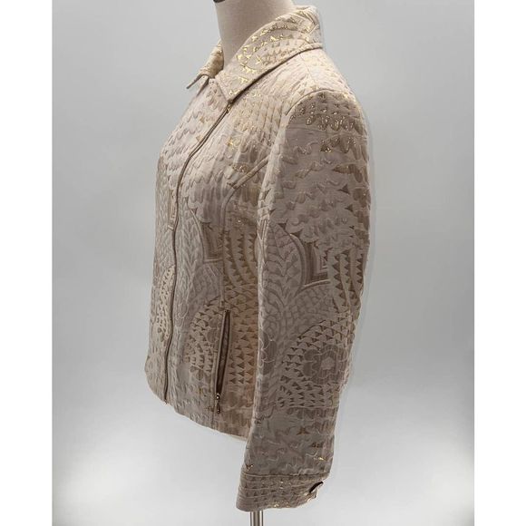 Chico's Cream/Gold Metallic Textured Lined Biker Jacket- 1(M) - Picture 13 of 13
